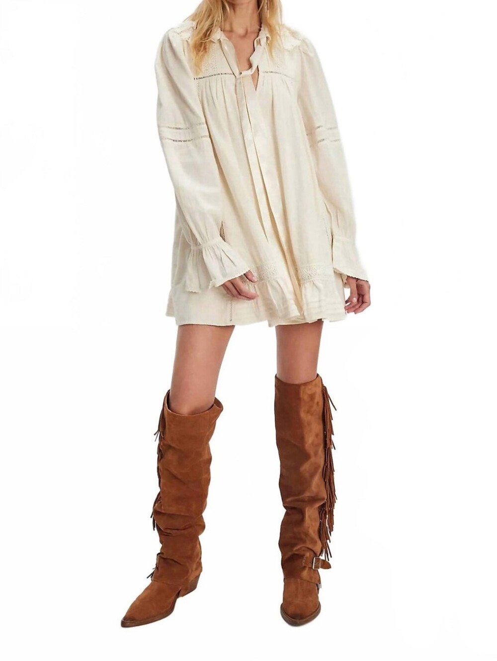 Free People 5 O'Clock Tea Time Long Sleeve Cotton Babydoll Minidress Size Small